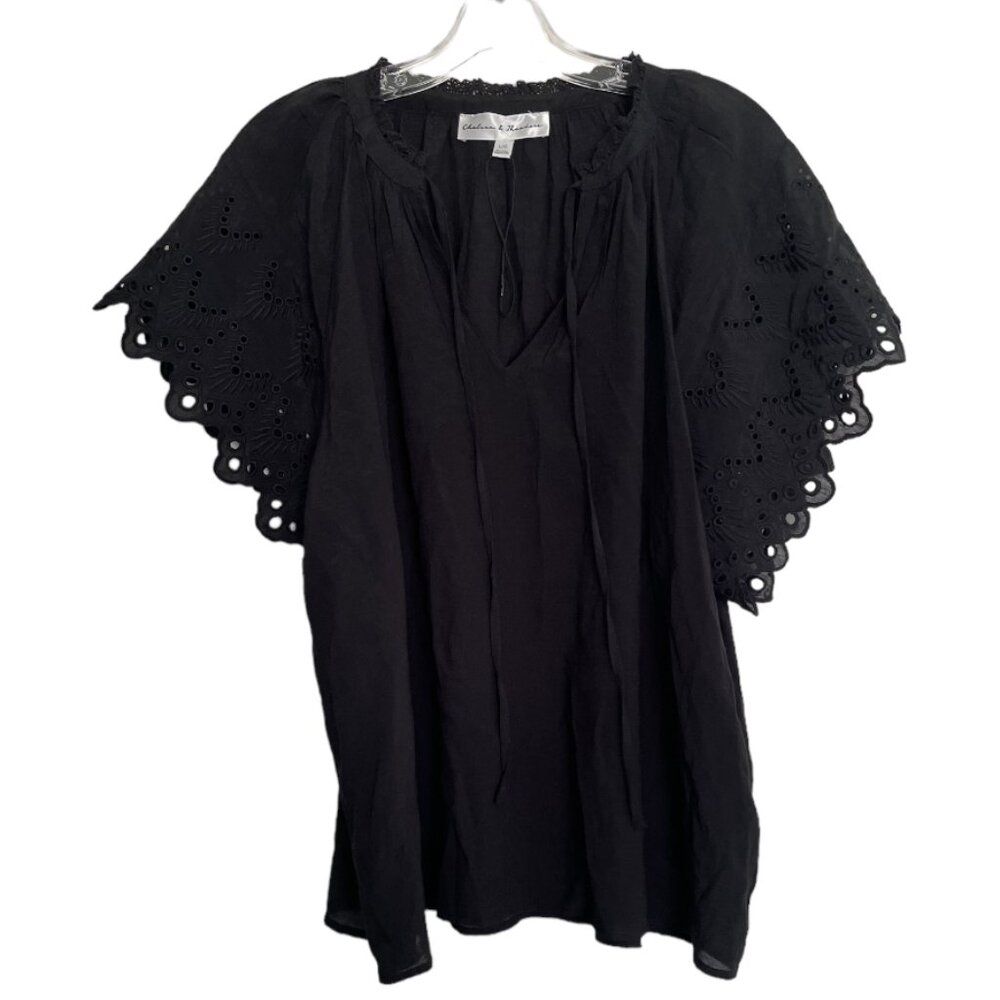 Chelsea & Theadore Black Flutter Eyelet Sleeve Pullover Boho Blouse Size L